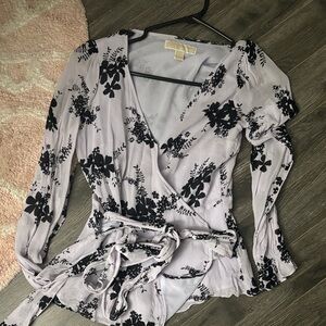 MICHAEL Michael Kors Black and Gray Floral Wrap Blouse